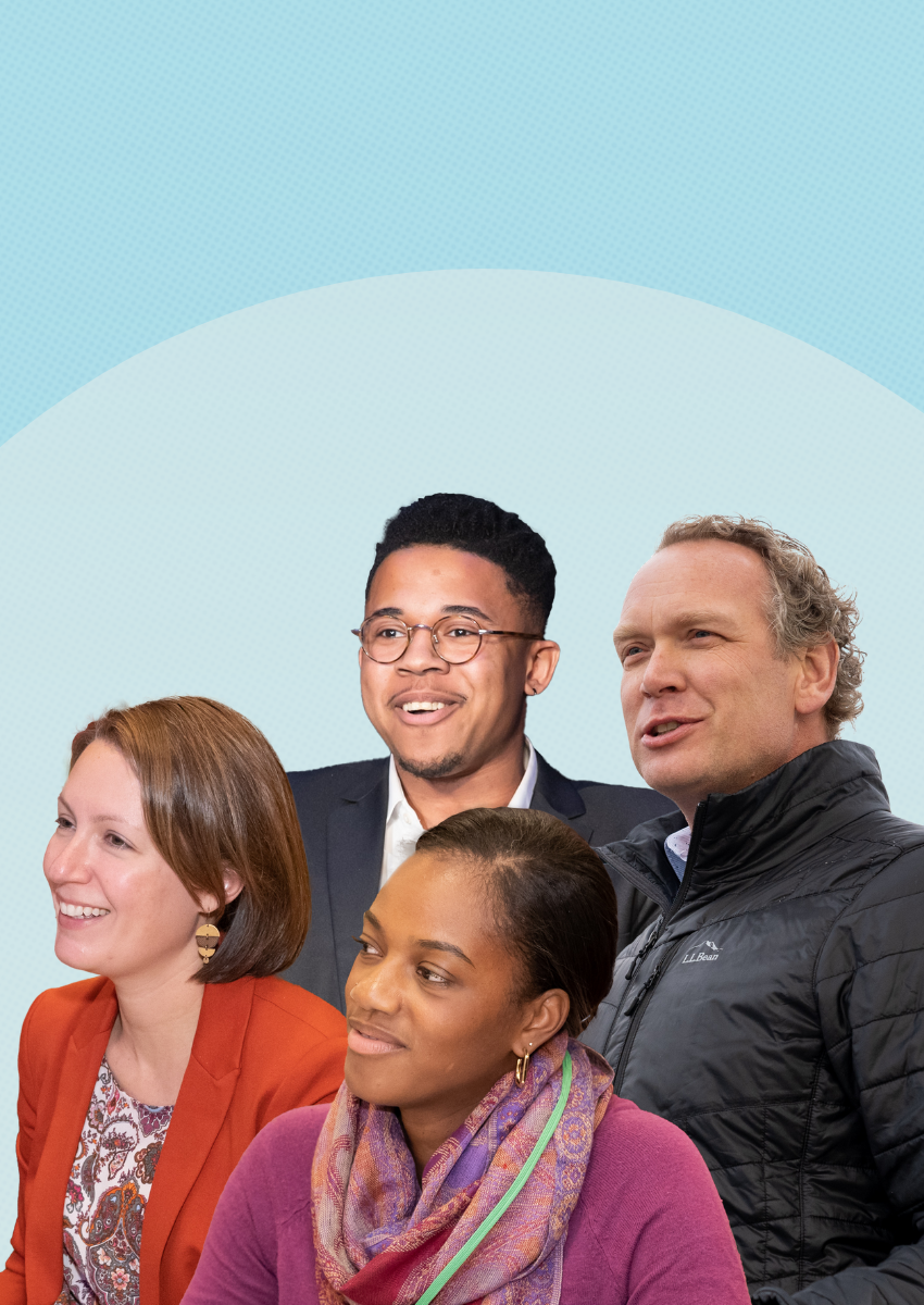 Light blue background with an overlay of a circle, which is then overlayed with a group of individuals looking to the left while attending conference sessions