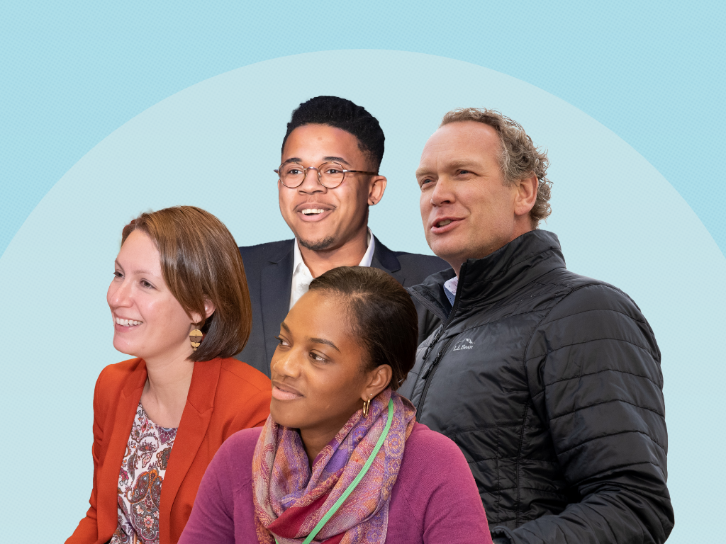 Light blue background with an overlay of a circle, which is then overlayed with a group of individuals looking to the left while attending conference sessions