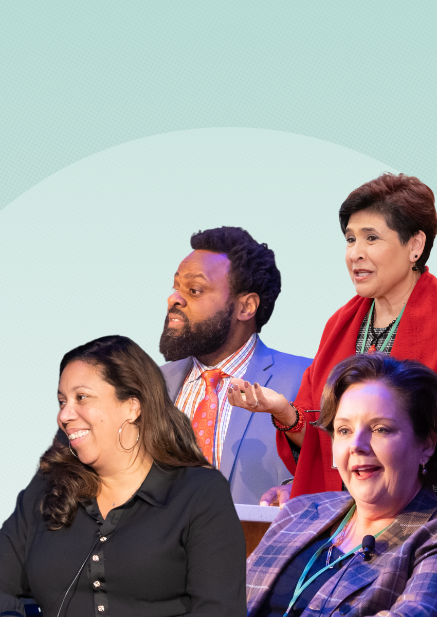 Light Green background with an overlay circle in slightly lighter blue, with headshots of speakers from during our annual conference events, speaking and looking towards the left