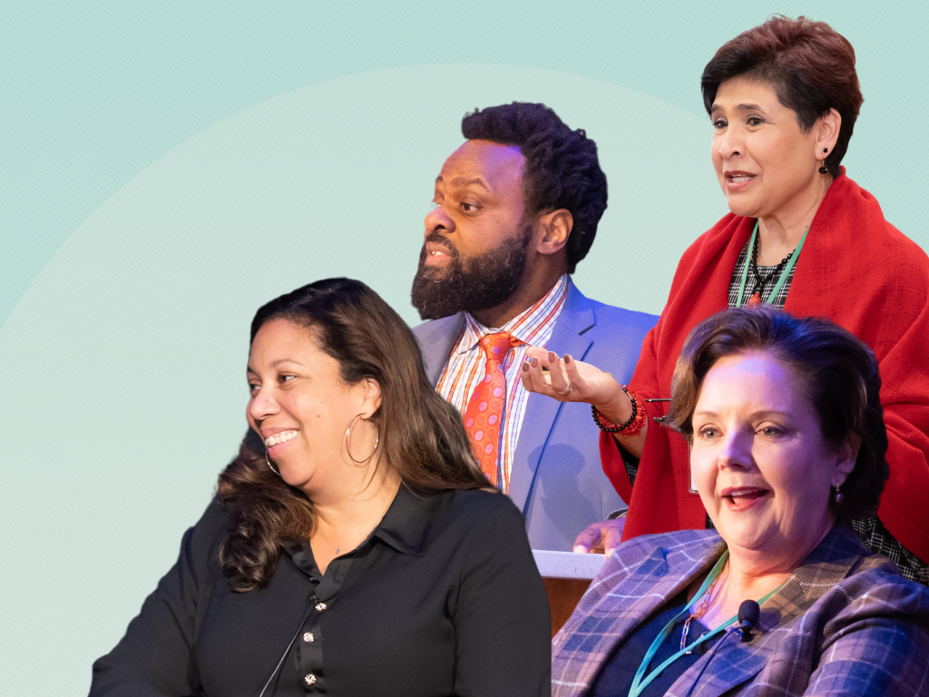 Light Green background with an overlay circle in slightly lighter blue, with headshots of speakers from during our annual conference events, speaking and looking towards the left