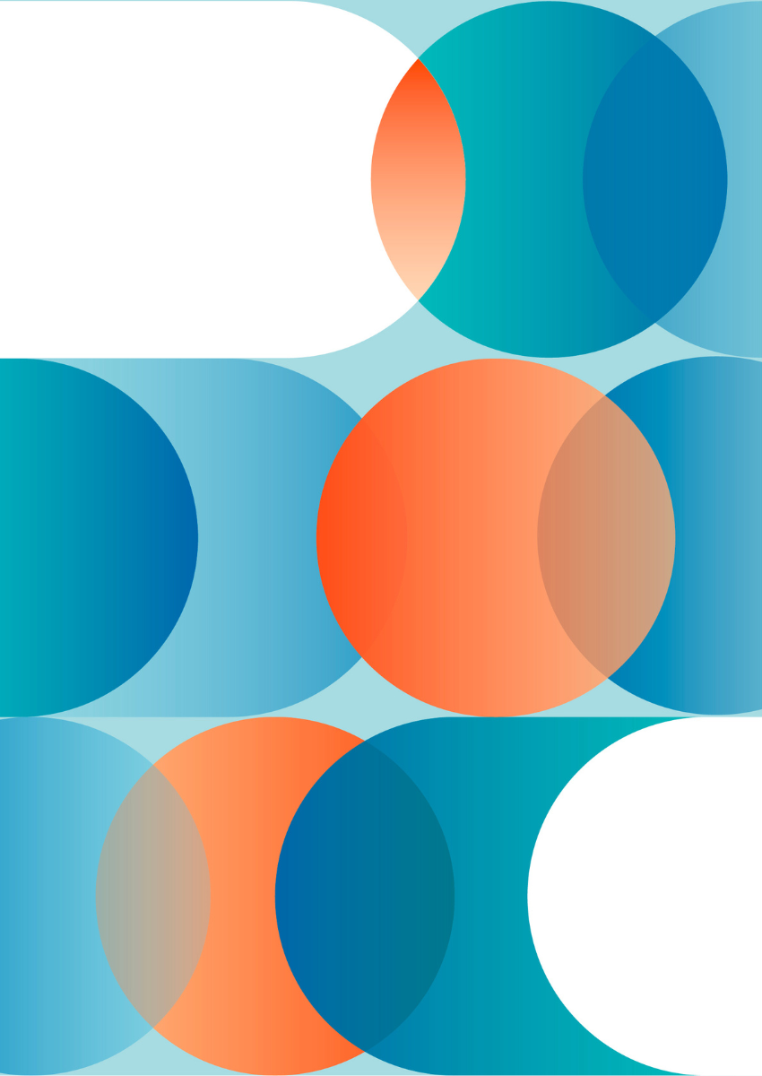 Overlapping circle images with gradients between the CMF Brand colors of blue, light blue, aqua blue and pops of orange partial circles 