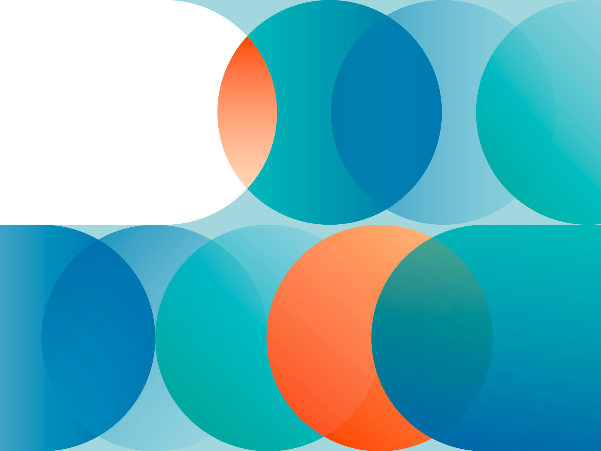 Overlapping circle images with gradients between the CMF Brand colors of blue, light blue, aqua blue and pops of orange partial circles 
