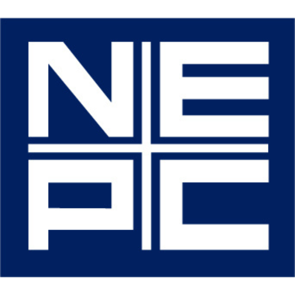 Dark Blue Square with capital letters N E P C arranged in a square with cross bars in the middle at a perpendicular ninety degree angle