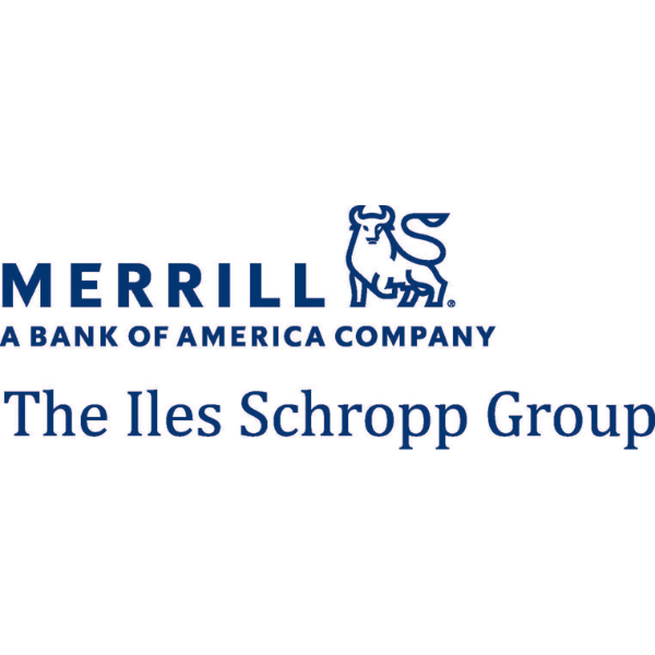 Logo with blue text that states Merrill, A Bank of America Company, with The Iles Schropp Group under the first two lines and an outline of a bull next to the Merrill text