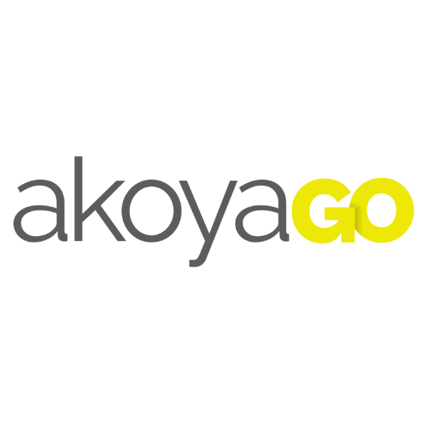 Logo for AkoyaGo with akoya text in lowercase gray font and GO in bold yellow font