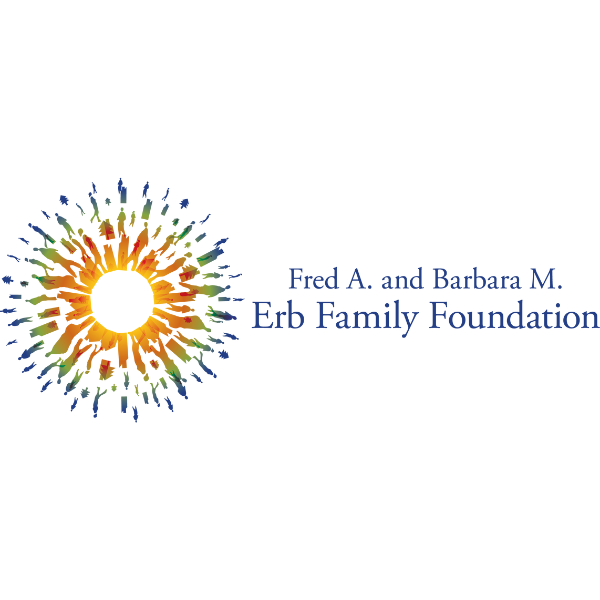 Logo for Fred A and Barbara M. Erb Family Foundation with text on the right side and a starburst with bright center and a spectrum of colors from orange and red at the center through blue at the ends