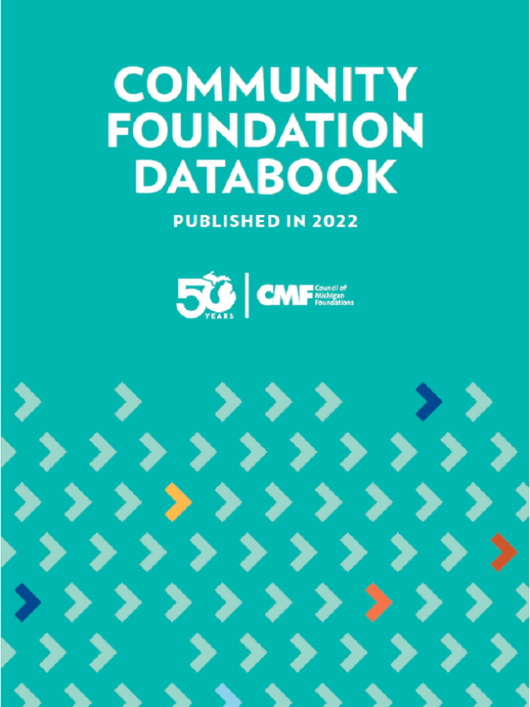 Cover image of CMF Community Foundation databook, with title, CMF logo, teal background and a pattern of right facing arrows on the bottom half of the page