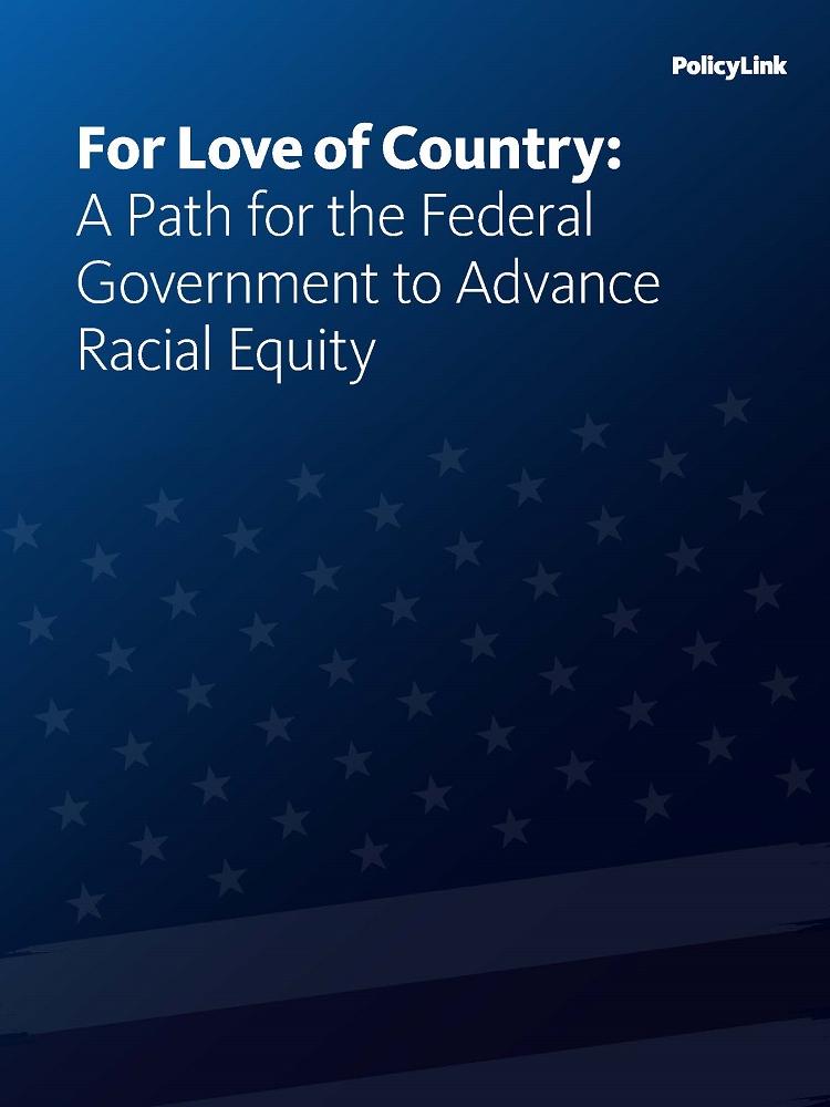 PolicyLink Cover Image for For Love of Country Report with a blue overlaid background over an American flag image