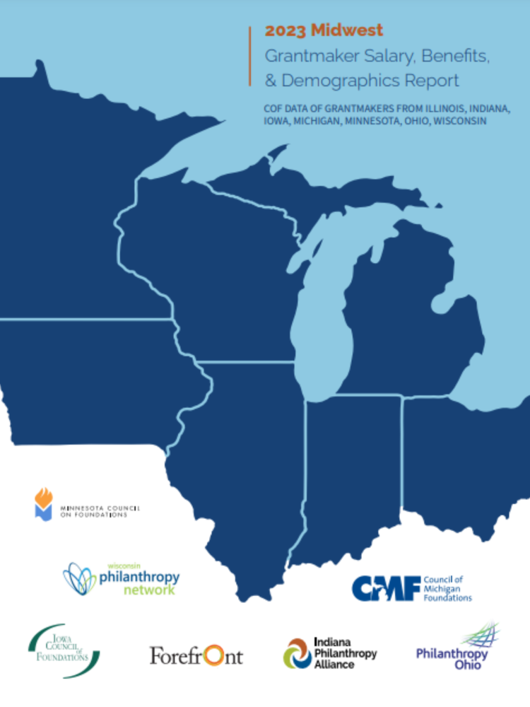 Cover image of the GSB report with blue Midwest states, outlined in light blue, supporting organizations listed below and report title in the top right corner