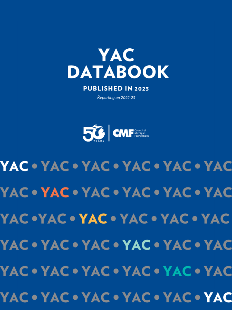 Blue background cover page for the YAC databook with YAC repeated at the bottom to create a designed look, an the CMF and 50th anniversary logo