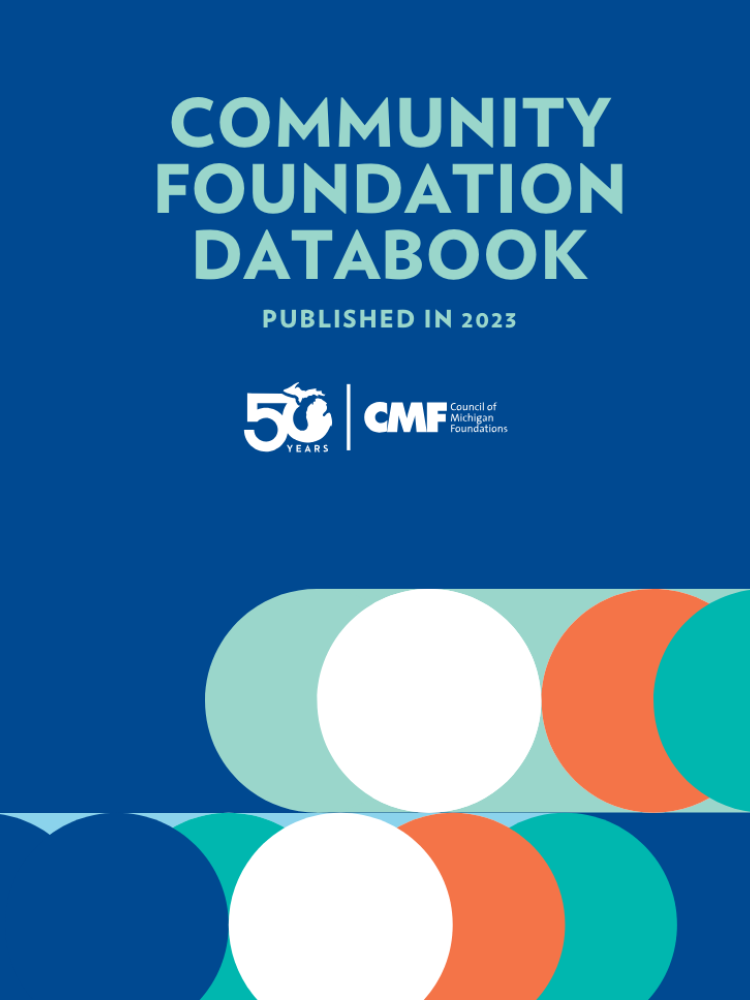 Community Foundation Databook Cover with blue background and the CMF logo