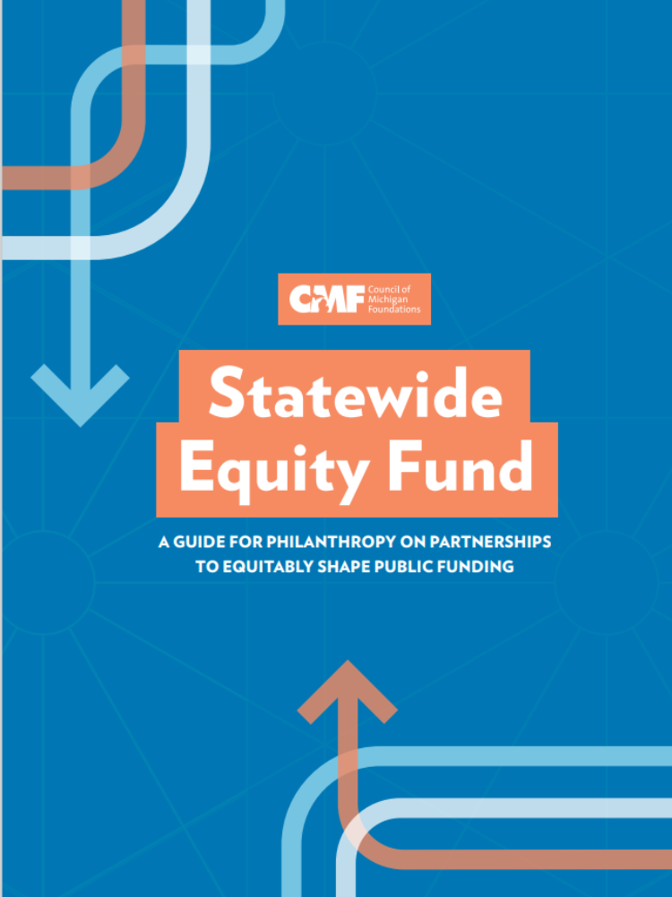 Statewide Equity Fund Playbook Cover with CMF logo and blue background with various arrows surrounding the top left and bottom right corners and the title in the middle