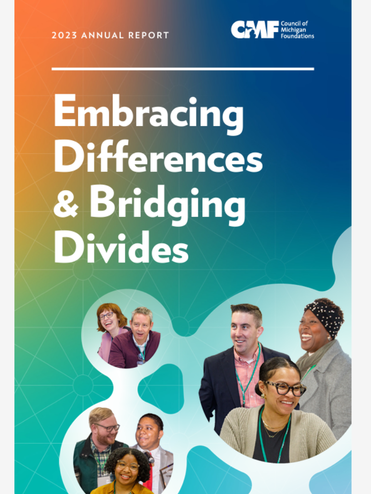 Cover Image for the 2023 CMF annual report with the titleof the report over a gradient that embraces the CMF Brand colors with images of people and members from throughout the year