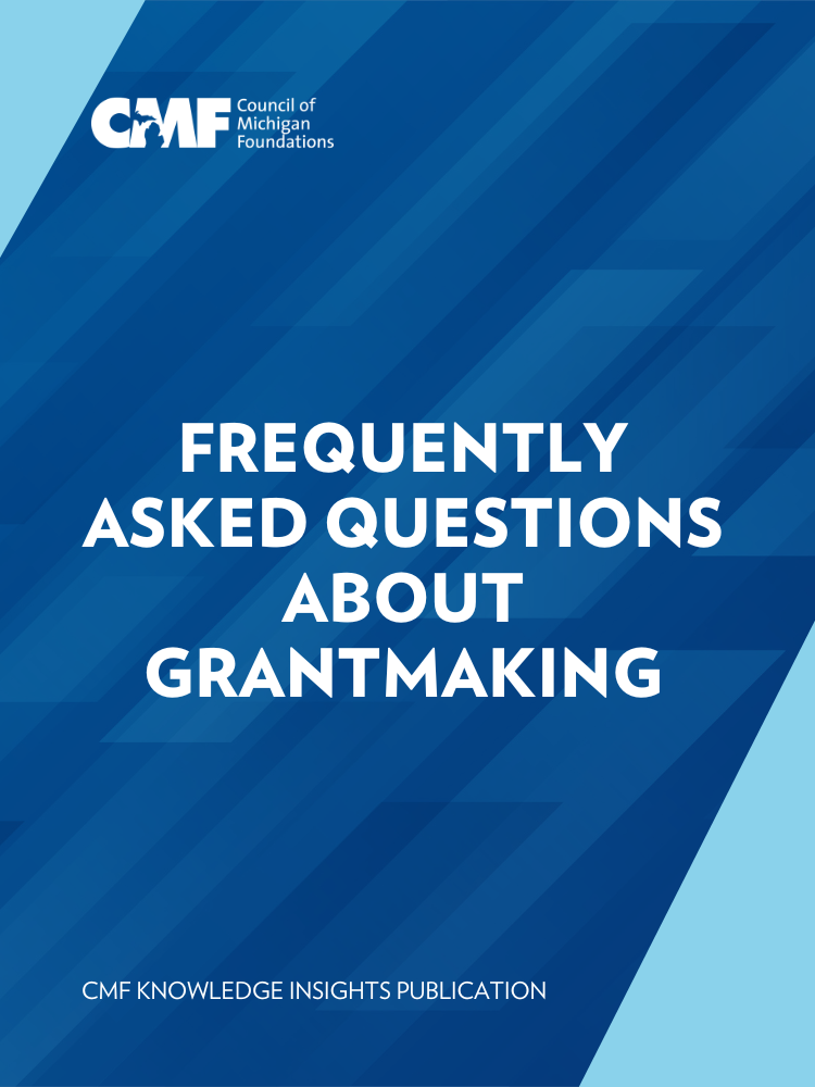 Cover photo for the Ask CMF Resource that has a dark blue background with light blue in the corners, the CMF logo in the top corner and the title of the report cover centered below that states in white text Frequently Asked Questions about Grantmaking