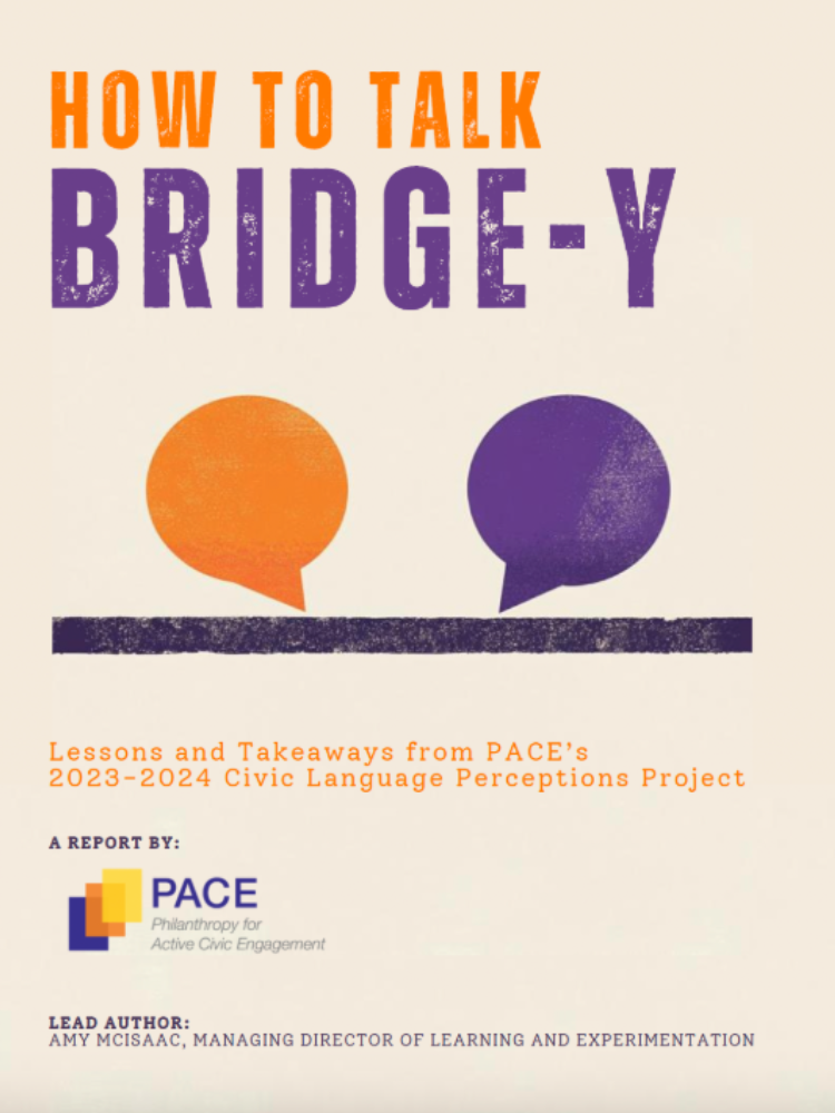 Cover Photo for the report How to Talk Bridge-y with the title and speech bubbles above a thick black line, and the subtitle and PACE logo, as well as the author below in text. 