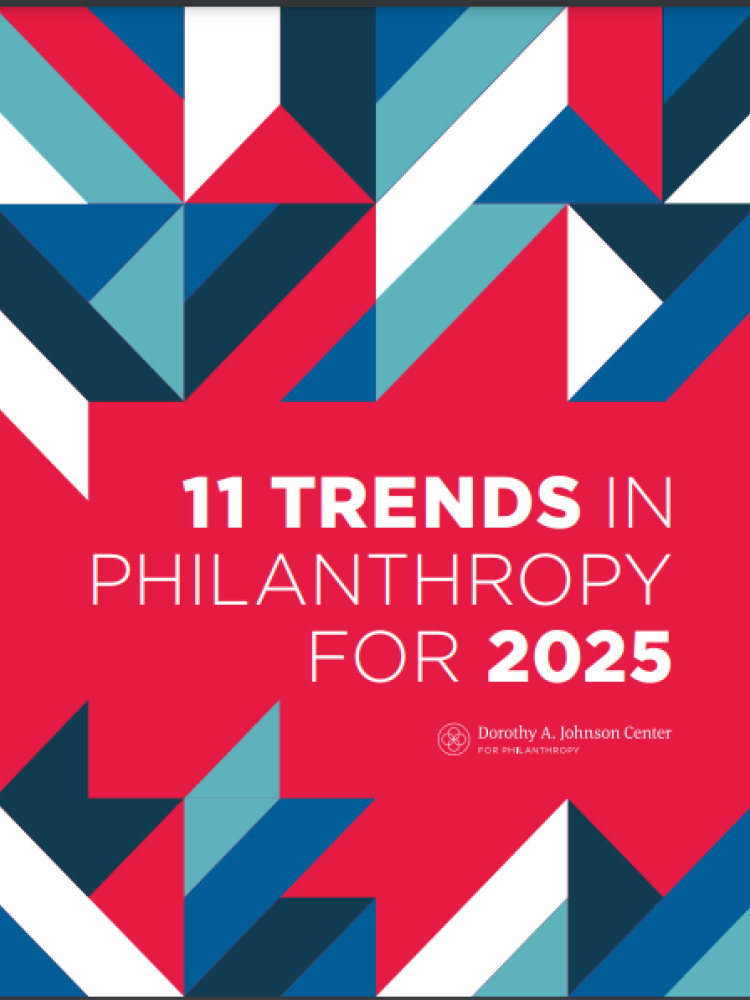 11 Trends report cover for 2025 from the Johnson Center with red, white and blue variations of different block colors 