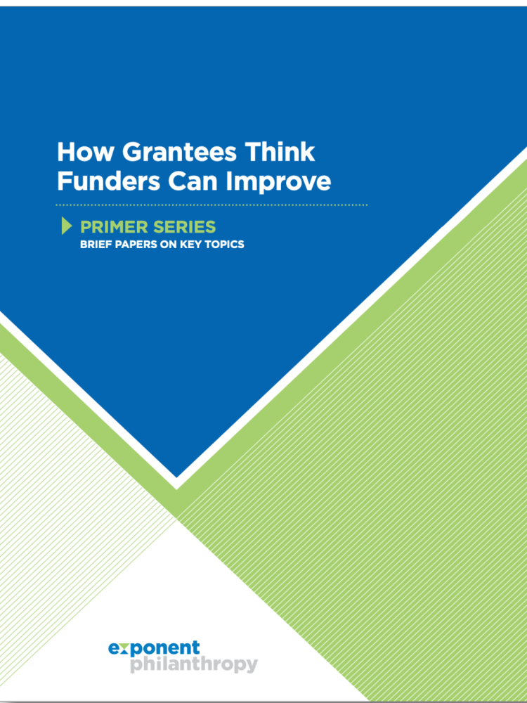 Report Cover for How Grantees Think Funders Can Improve from Exponent Philanthropy with blue and green shapes behind the title of the report and the logo of the organization at the bottom of the page