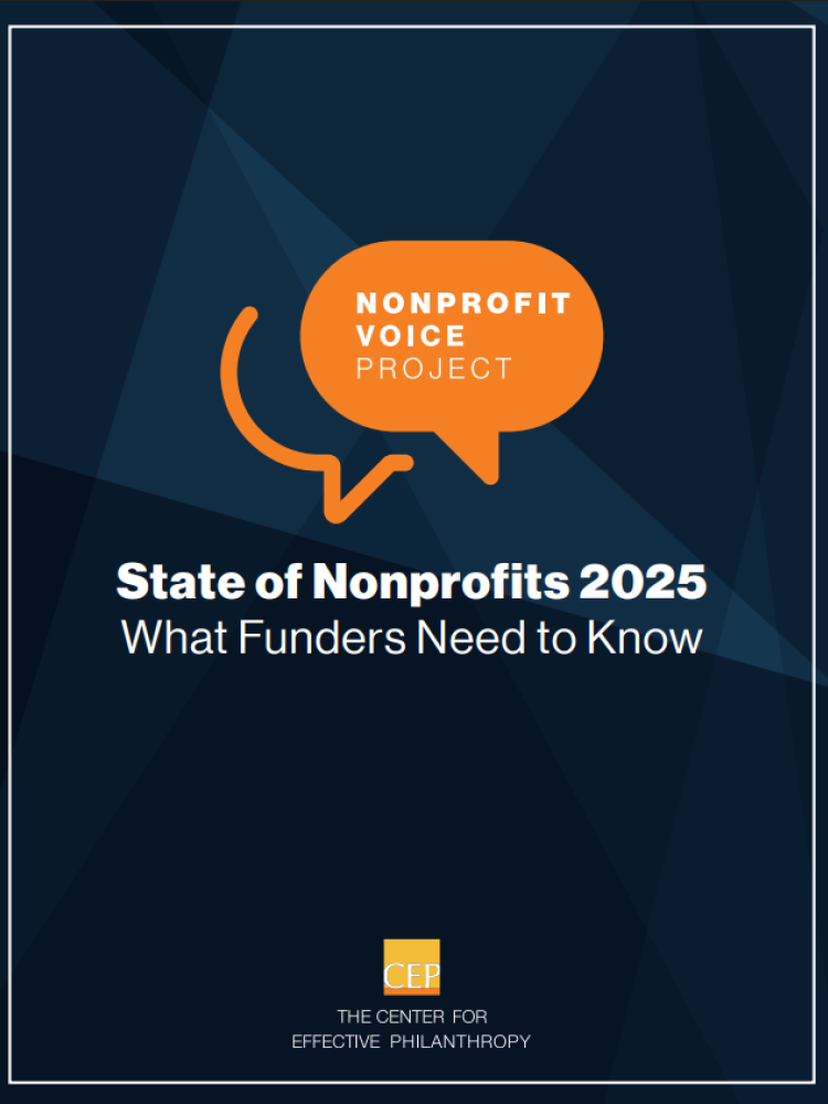 CEP Report Cover for State of Nonprofits 2025 with the Nonprofit Voice Project Logo and a blue background