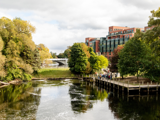 Image shows a river in downtown Traverse City, captured during a Green & Blue Network event