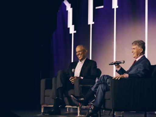 President Barack Obama and Kresge Foundation President & CEO Rip Rapson converse in front of hundreds of guests at the Detroit Film Theatre to mark Kresge’s centennial on June 11, 2024.