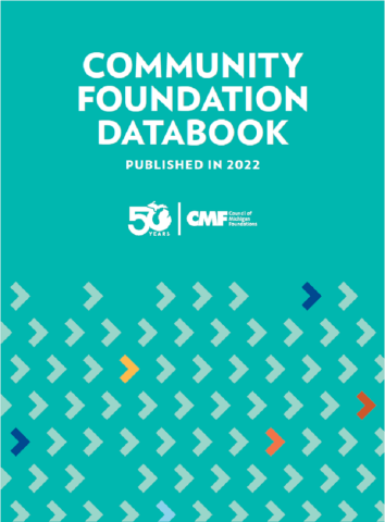 Cover image of CMF Community Foundation databook, with title, CMF logo, teal background and a pattern of right facing arrows on the bottom half of the page