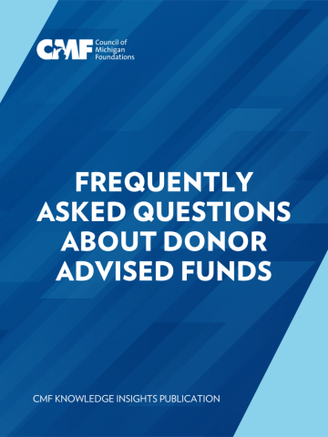 Cover page for Frequently Asked Questions about Donor Advised Funds with blue textured background, and CMF logo