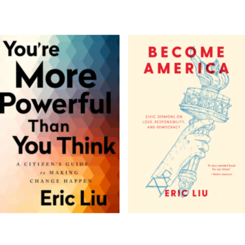 Images of Eric Lui's book covers with the titles of "You're more powerful than you think" and "Become America"