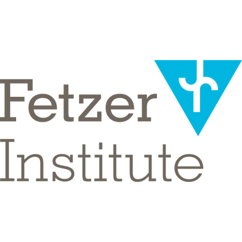 Fetzer Institute with grey txt and a light blue triangle logo next to the text