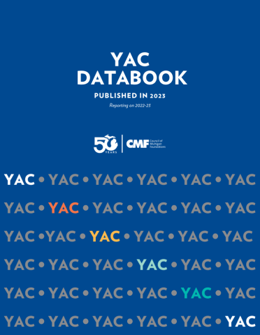 Blue background cover page for the YAC databook with YAC repeated at the bottom to create a designed look, an the CMF and 50th anniversary logo