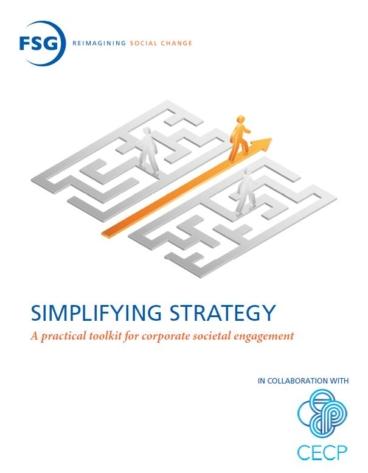 Cover image for the report Simplifying Strategy which features logos for the publications and a person taking the easiest strategic way through a maze.