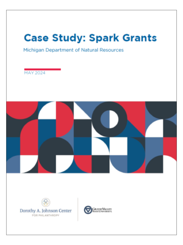 Cover page for the OFL Case Study with the title at the front that states Case Study Spark Grants with OFL branding band underneath that has geographic shapes in different red, white, blue and grey colors as well as two logos at the bottom, the Dorothy J Johnson Center and GVSU logos