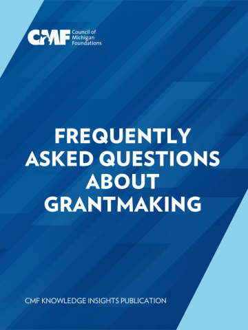 Cover photo for the Ask CMF Resource that has a dark blue background with light blue in the corners, the CMF logo in the top corner and the title of the report cover centered below that states in white text Frequently Asked Questions about Grantmaking