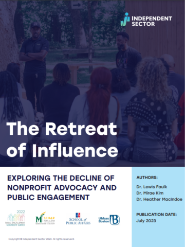 Report cover for the retreat of influence, a report from the independent sector that has the title and logo on the top two thirds of the page and the sub title and logos and author text on the bottom
