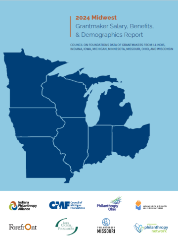 Cover image of the GSB report with blue Midwest states, outlined in light blue, supporting organizations listed below and report title in the top right corner