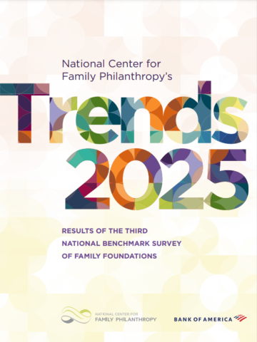 The cover for the Trends 2025 report from the National Center of Family Philanthropy with Trends 2025 in multicolored text. 