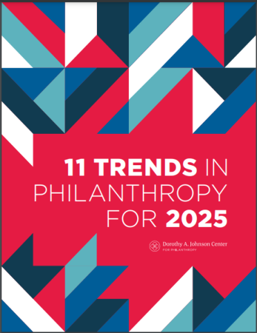 11 Trends report cover for 2025 from the Johnson Center with red, white and blue variations of different block colors