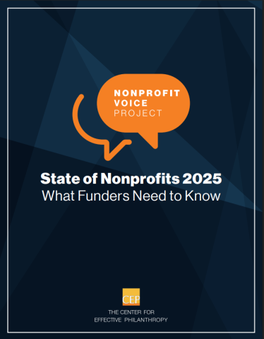 CEP Report Cover for State of Nonprofits 2025 with the Nonprofit Voice Project Logo and a blue background