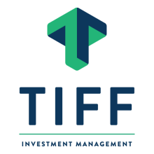 Logo for TIFF Investment management with a large block T in green and blue above TIFF
