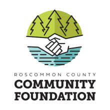 Logo for Roscommon Community Foundation with a depiction of land and water above and below two hands that are shaking with the text of the community foundation name below