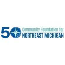 50th anniversary logo for the Community Foundation for Northeast Michigan with a compass rose as the zero in the 50 logo and Northeast Michigan under a line of text that says Community Foundation For