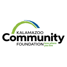 Logo for Kalamazoo Community Foundation with an arch of green and blue over the logo text and their tagline Love Where You Live next to Foundation in green text