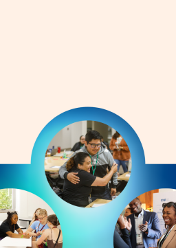 Annual Report Cover Photo Slider image with members connecting and a blue gradient on the right side