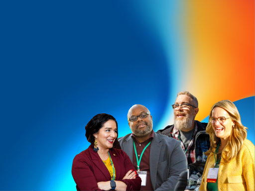 Annual Conference Updated Branding with people from last year's events over top of our branding theme