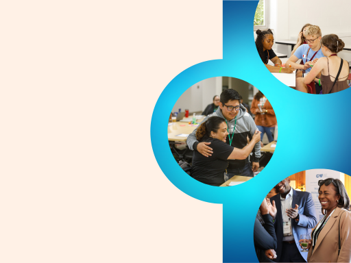 Annual Report Cover Photo Slider image with members connecting and a blue gradient on the right side