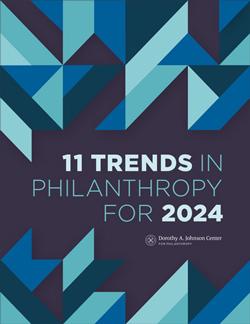 Cover image for the 11 trends in philanthropy for 2024 report with geographic shapes surrounding the title that are blue and light teal and green in color
