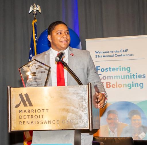Jonathan Pulley accepting the 2023 Emerging Leader in Philanthropy Award.