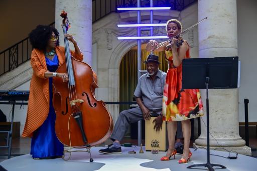 Marion Hayden (left) and Michelle May play music for the attendees during the Kresge at 100 celebration at the Detroit Institute of Arts on June 11, 2024.