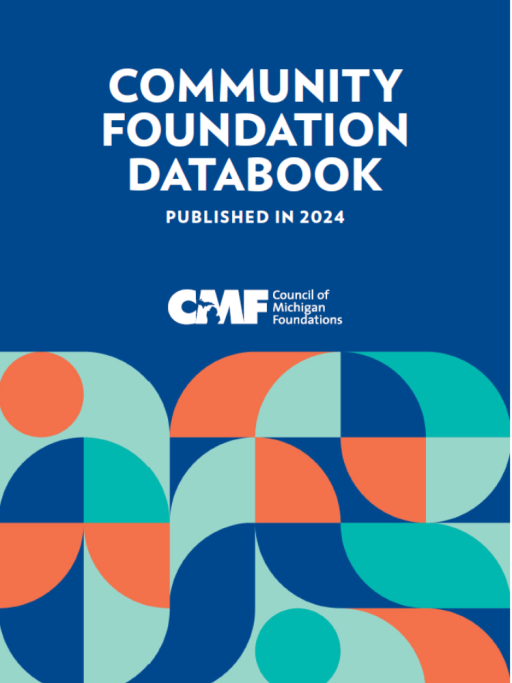 A photo of the report covering community foundations and yac databook information with a dark blue background and orange, teal and aqua shapes covering the bottom half of the cover