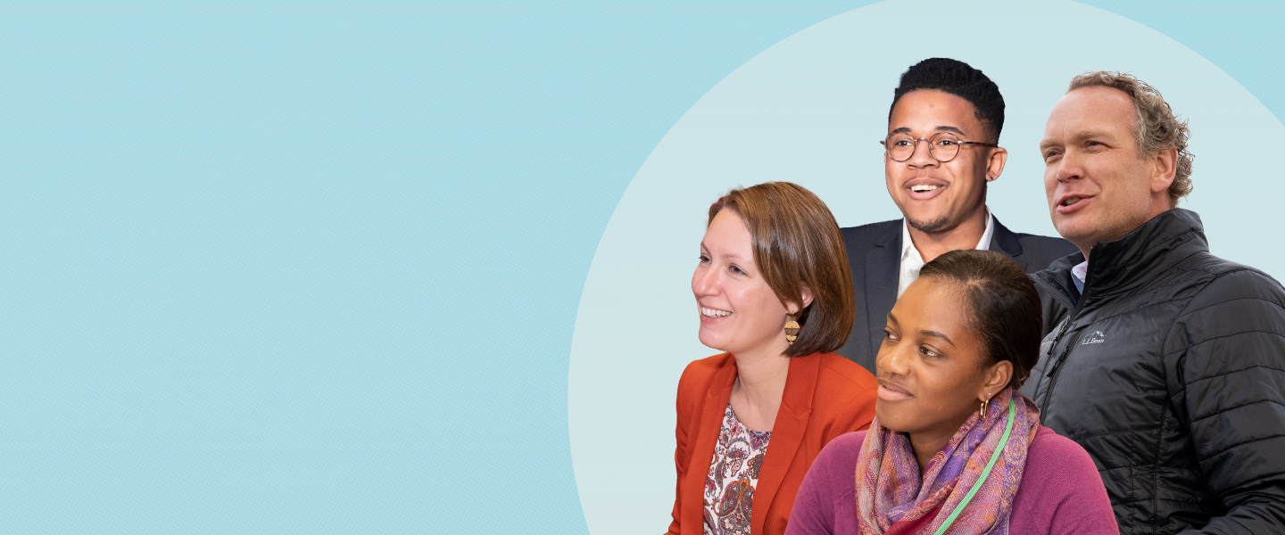 Light blue background with an overlay of a circle, which is then overlayed with a group of individuals looking to the left while attending conference sessions