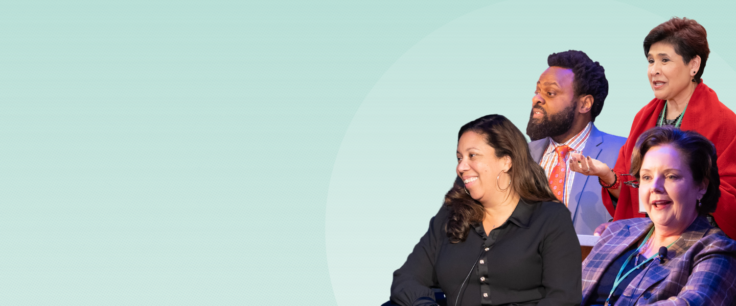 Light Green background with an overlay circle in slightly lighter blue, with headshots of speakers from during our annual conference events, speaking and looking towards the left